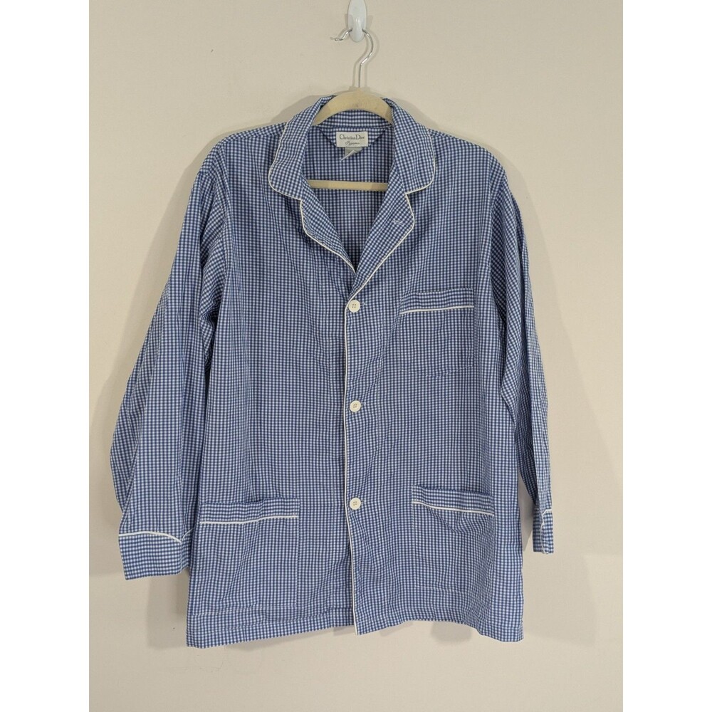 Vintage Christian Dior Pajama Top Checkered White Blue Long Sleeve Lightweight L